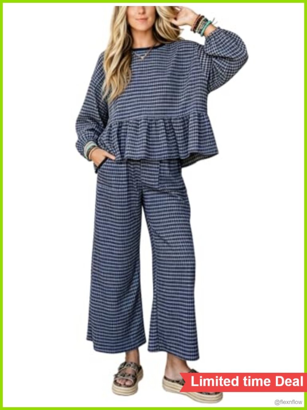 Womens Gingham 2 Piece Outfit Peplum Top Wide Leg Pant Set